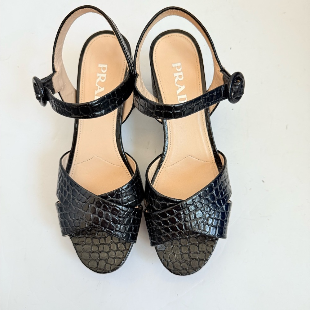 Prada Black Embossed Croc effect leather Quarter strap platform sandals EU 38 - Picture 3 of 9